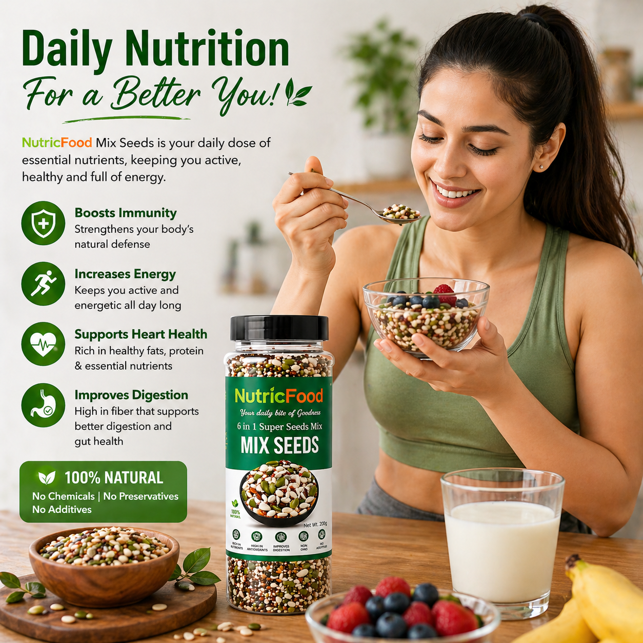 NutricFood 6-in-1 Super Seeds Mix – Sunflower, Chia, Pumpkin, Flax, Sesame & Watermelon Seeds | Protein & Fibre Rich | Healthy Snack, Smoothie & Salad Topping | Vegan & Gluten-Free | 200g
