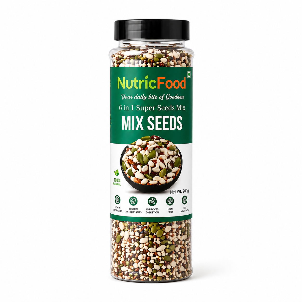 NutricFood 6-in-1 Super Seeds Mix – Sunflower, Chia, Pumpkin, Flax, Sesame & Watermelon Seeds | Protein & Fibre Rich | Healthy Snack, Smoothie & Salad Topping | Vegan & Gluten-Free | 200g