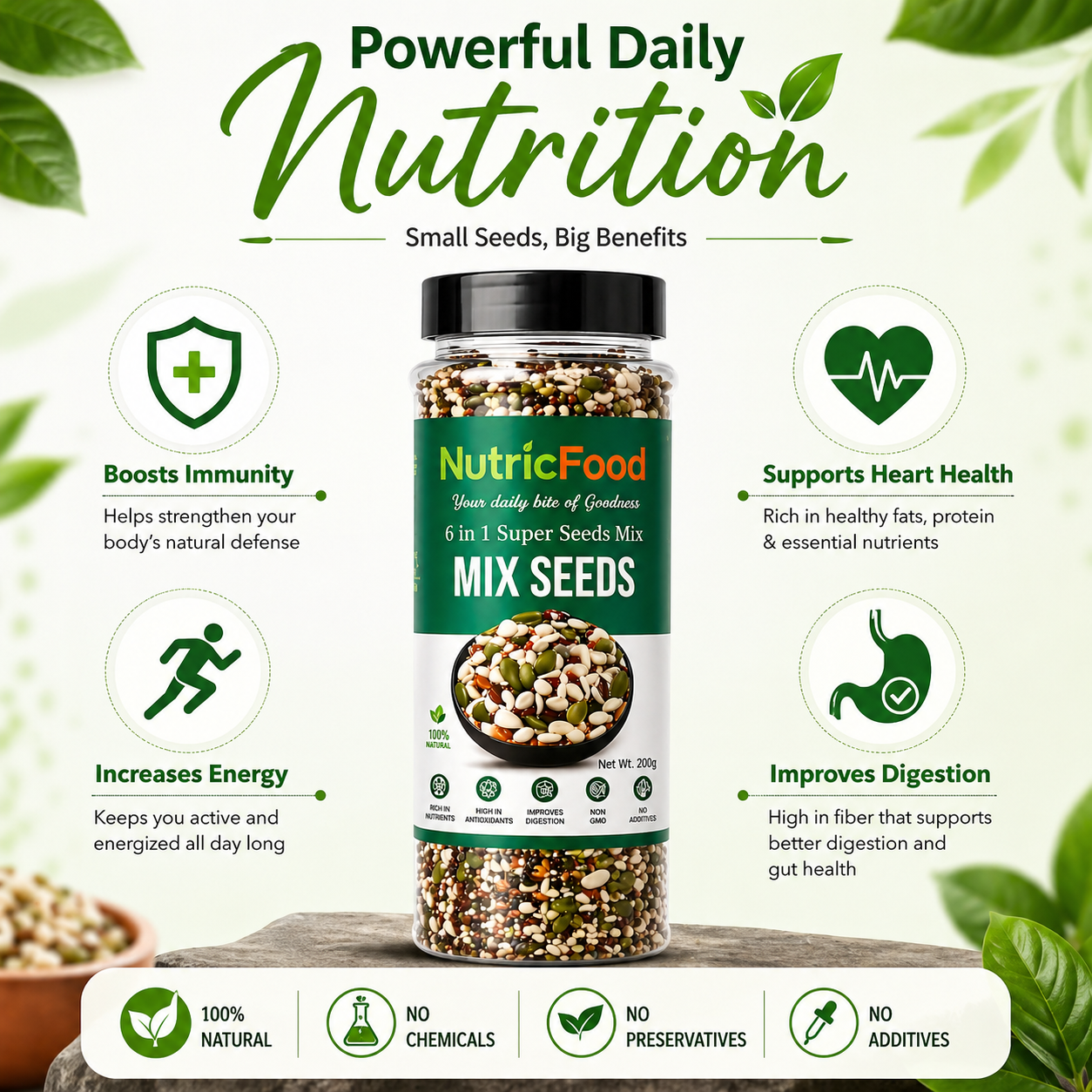 NutricFood 6-in-1 Super Seeds Mix – Sunflower, Chia, Pumpkin, Flax, Sesame & Watermelon Seeds | Protein & Fibre Rich | Healthy Snack, Smoothie & Salad Topping | Vegan & Gluten-Free | 200g