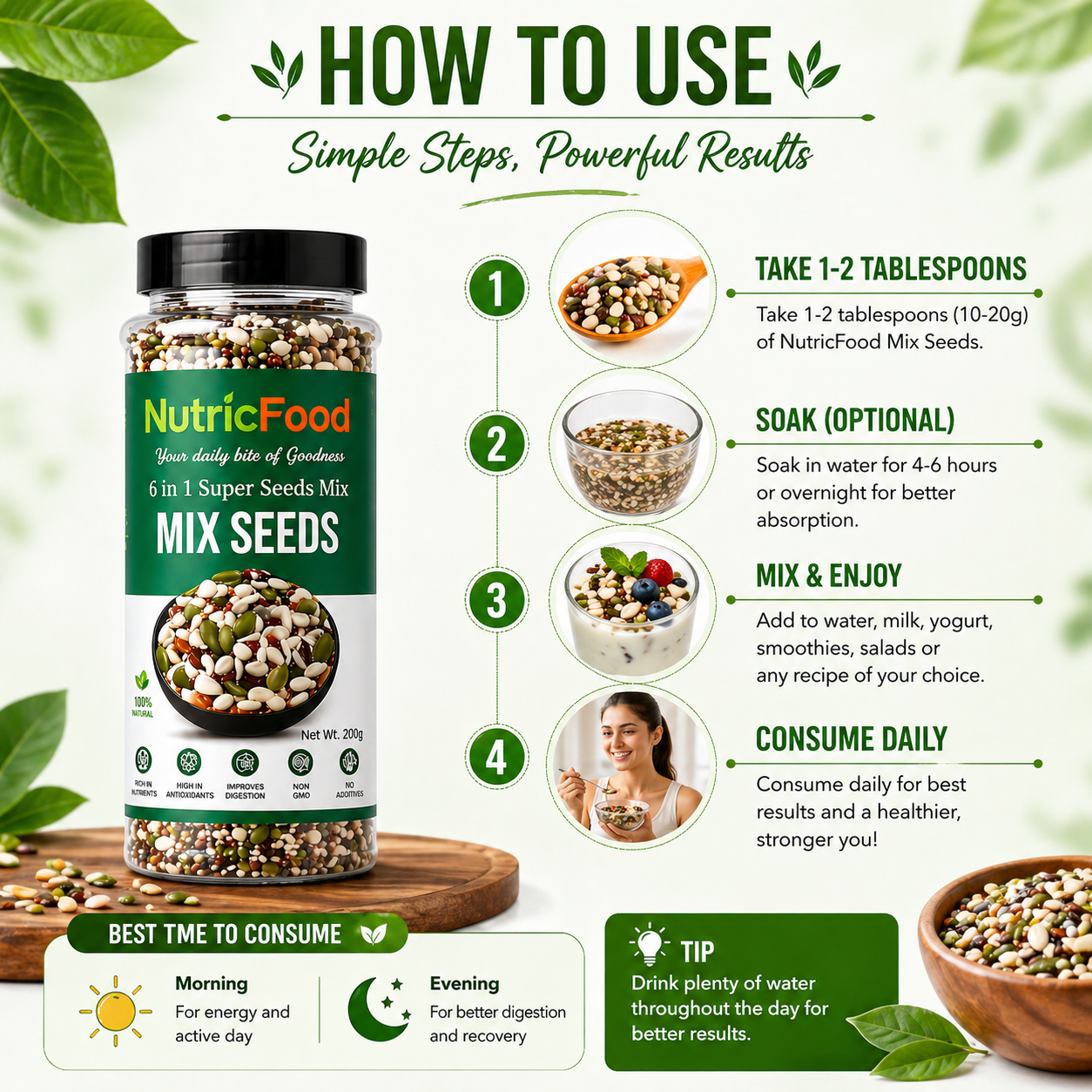 NutricFood 6-in-1 Super Seeds Mix – Sunflower, Chia, Pumpkin, Flax, Sesame & Watermelon Seeds | Protein & Fibre Rich | Healthy Snack, Smoothie & Salad Topping | Vegan & Gluten-Free | 200g