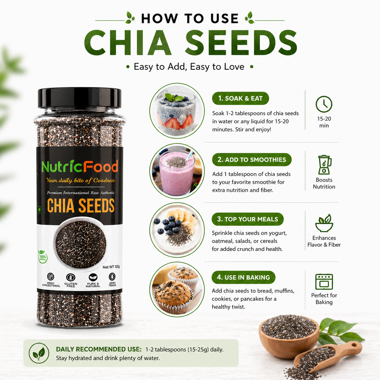 NutricFood I Chia Seeds 200g I Seeds for Eating | Seeds for Weight Management | Rich in Calcium, Protein & Fibre