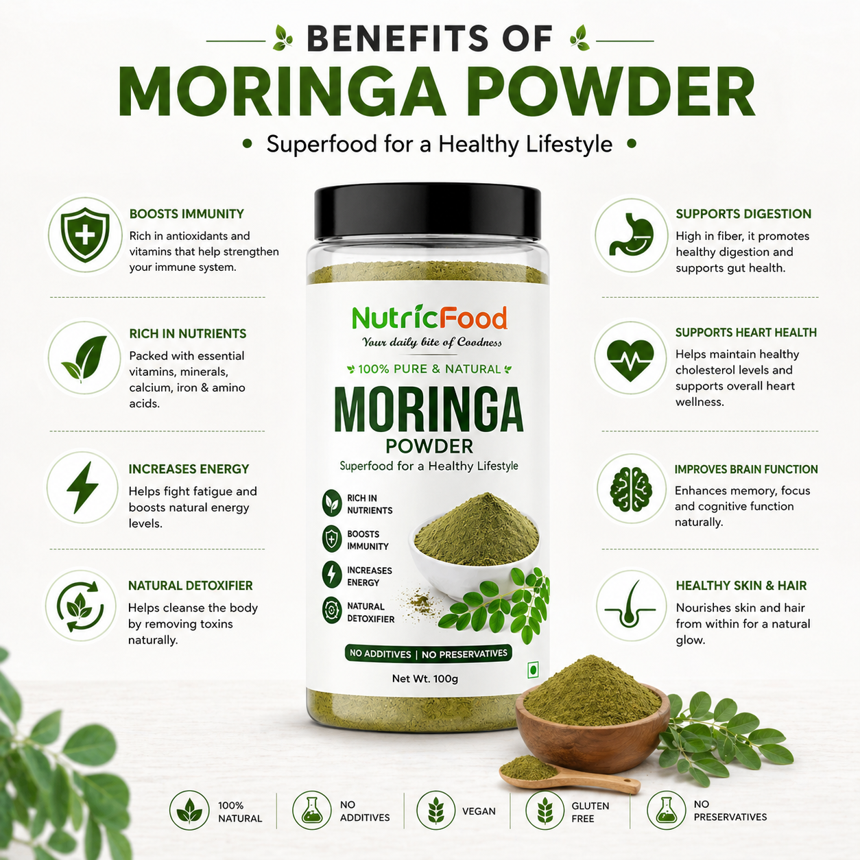 NutricFood | Certified Organic Moringa Powder 100g – Pure Moringa Leaf Powder | Rich in Nutrients | Natural Energy Booster & Immunity Support