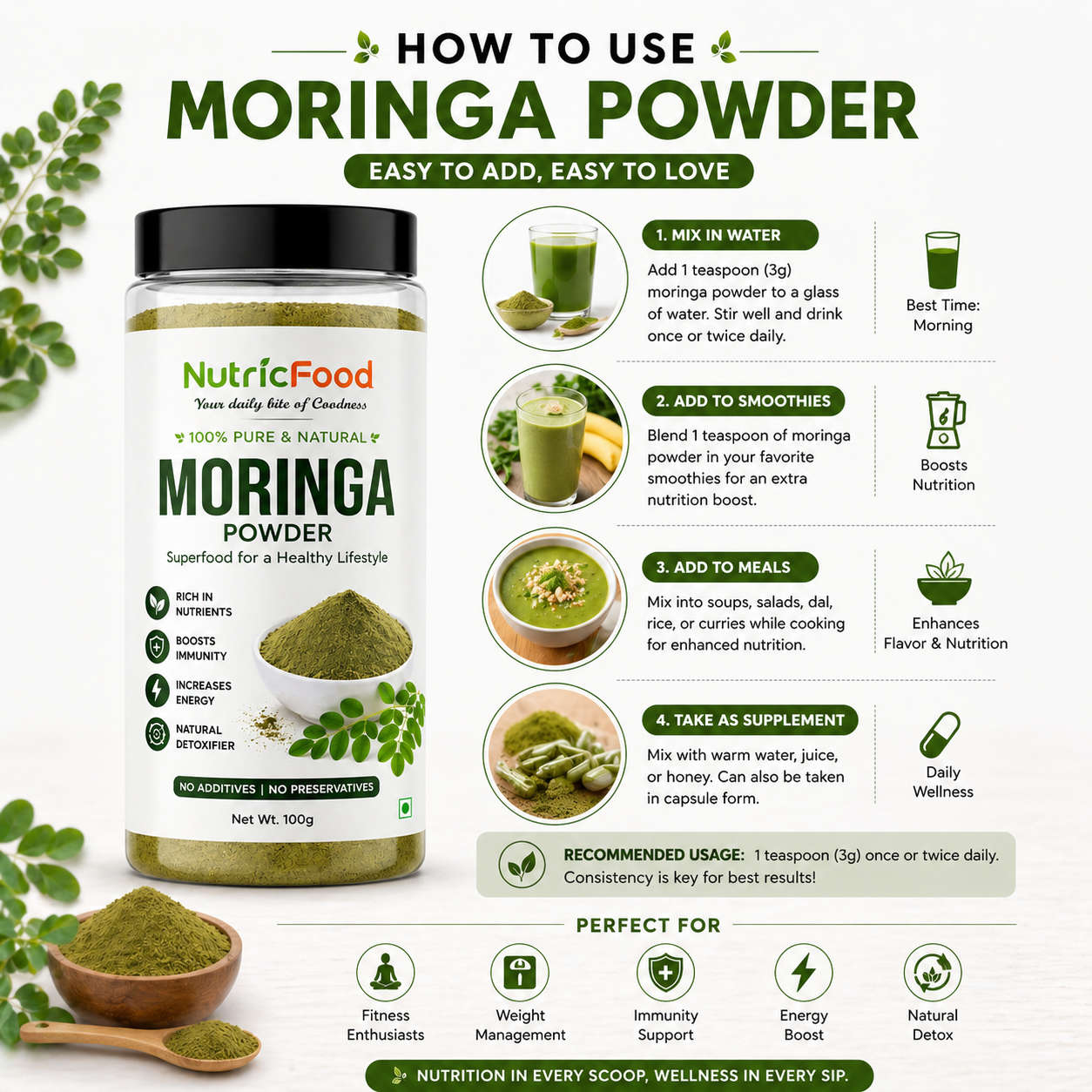NutricFood | Certified Organic Moringa Powder 100g – Pure Moringa Leaf Powder | Rich in Nutrients | Natural Energy Booster & Immunity Support