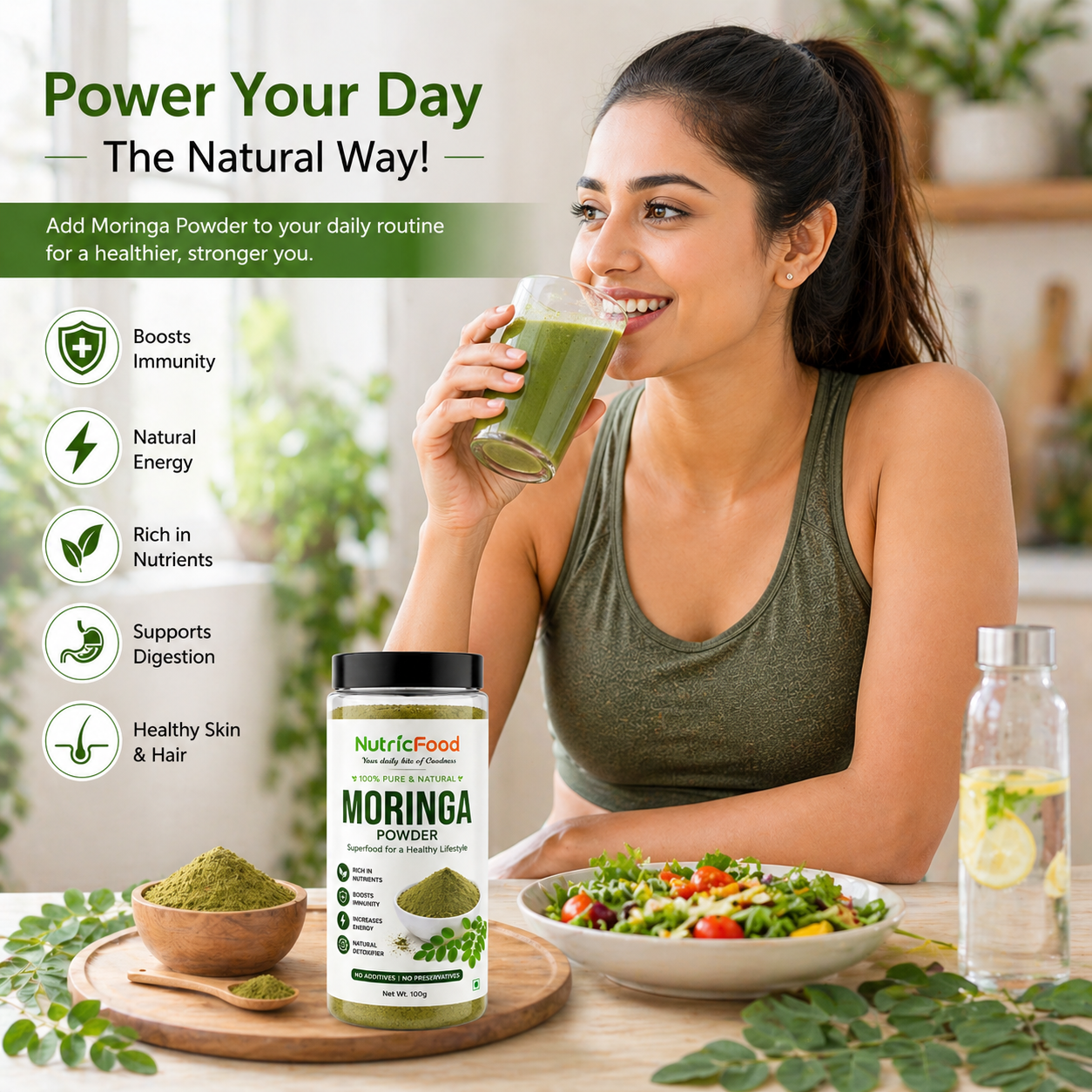 NutricFood | Certified Organic Moringa Powder 100g – Pure Moringa Leaf Powder | Rich in Nutrients | Natural Energy Booster & Immunity Support