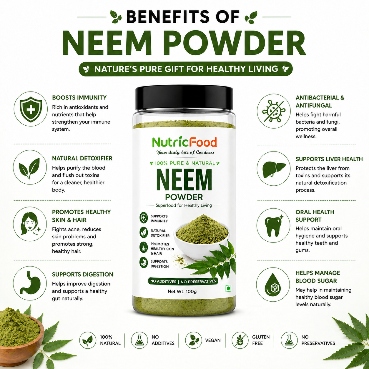 NutricFood | Neem Powder 100g | 100% Pure Natural Herbal Powder | Detox, Skin & Immunity Support