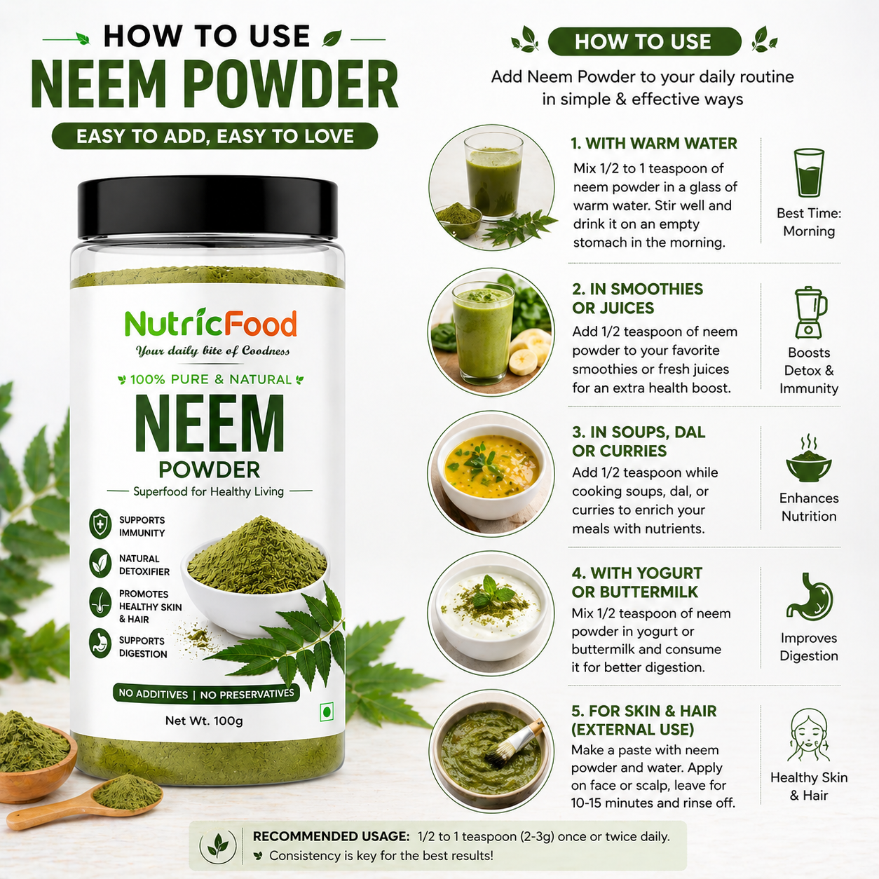 NutricFood | Neem Powder 100g | 100% Pure Natural Herbal Powder | Detox, Skin & Immunity Support