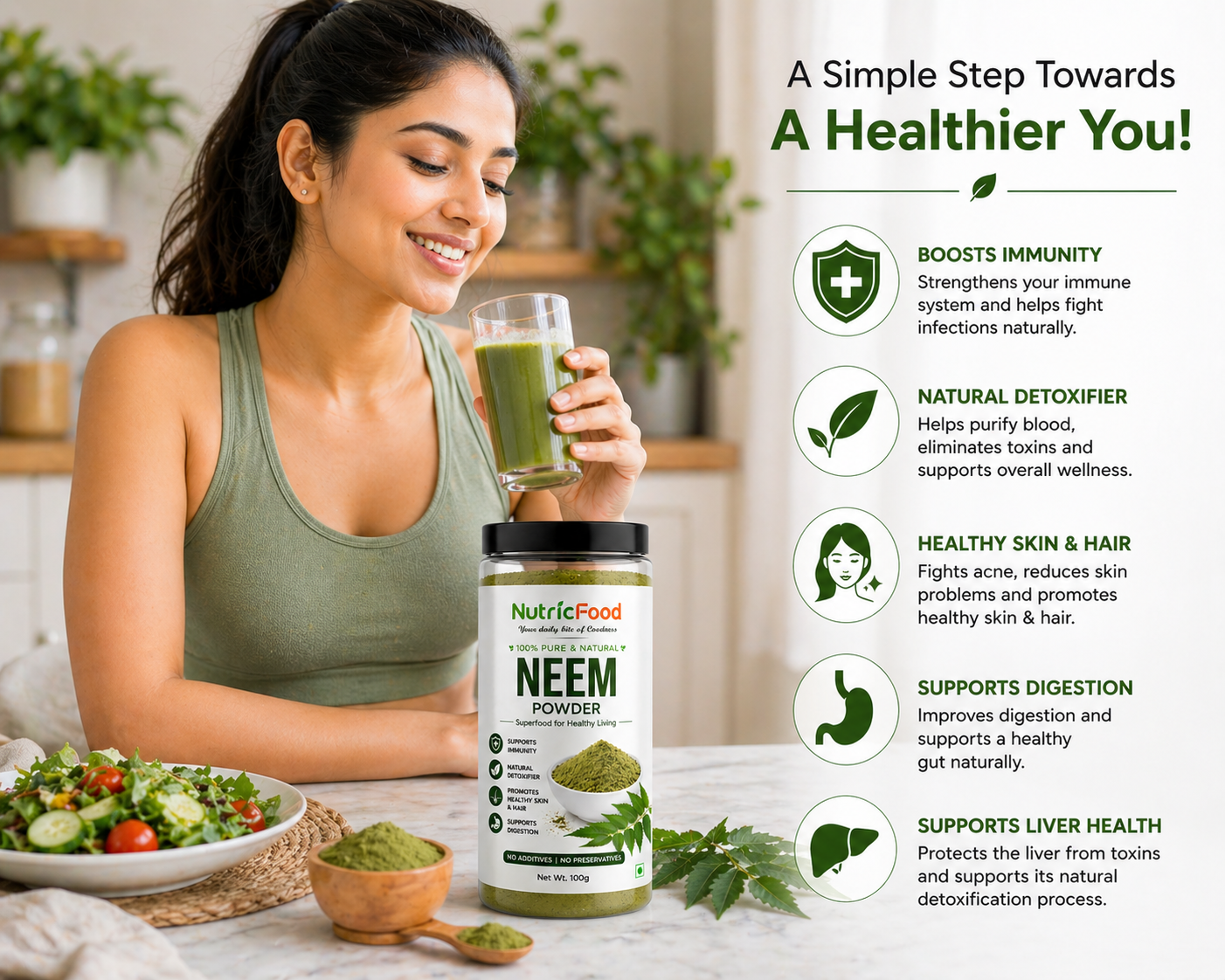NutricFood | Neem Powder 100g | 100% Pure Natural Herbal Powder | Detox, Skin & Immunity Support