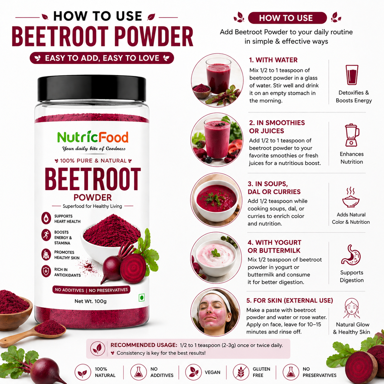 NutricFood| Beetroot Powder 100g | 100% Pure Natural Superfood | Boost Energy, Blood Health & Stamina