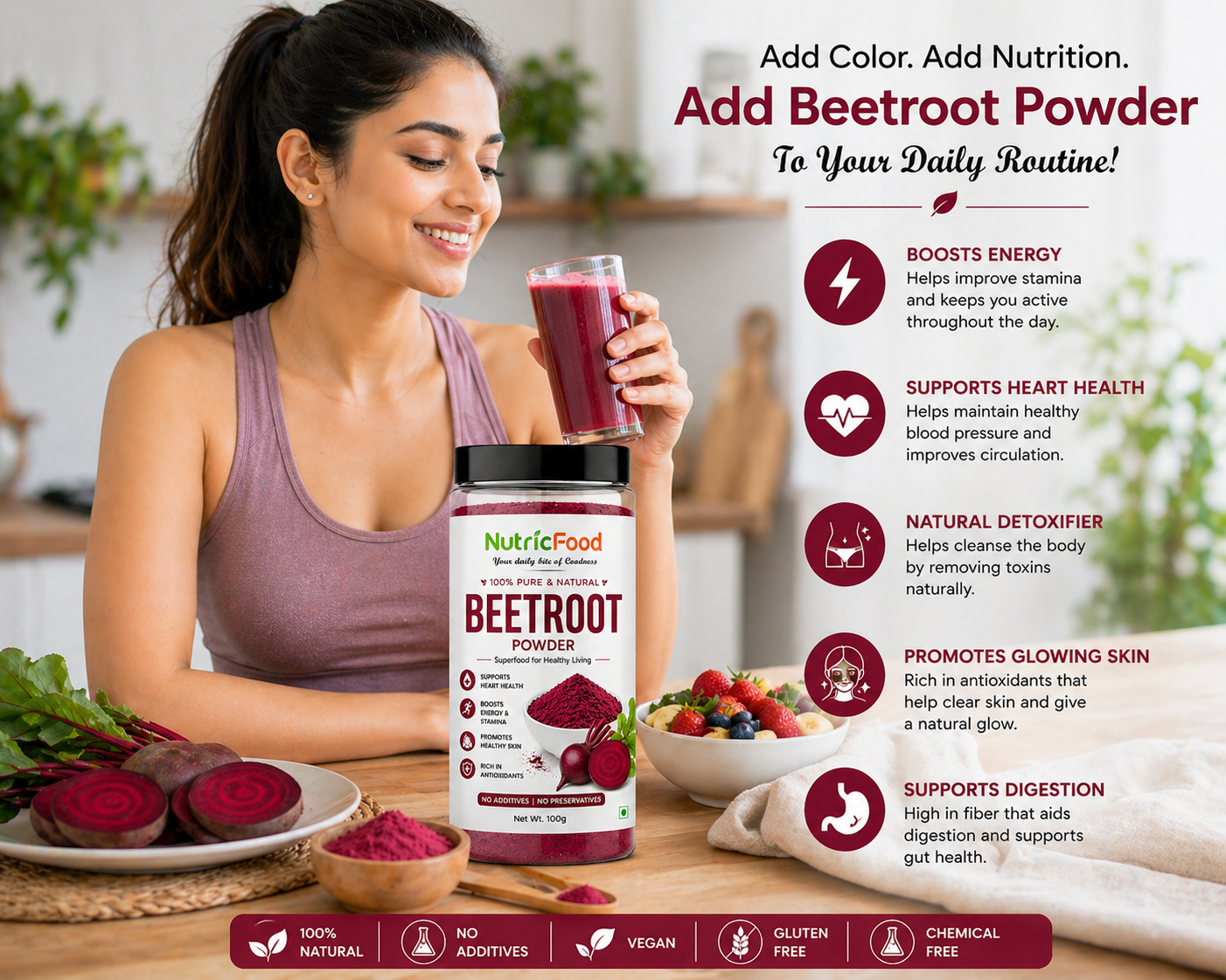 NutricFood| Beetroot Powder 100g | 100% Pure Natural Superfood | Boost Energy, Blood Health & Stamina
