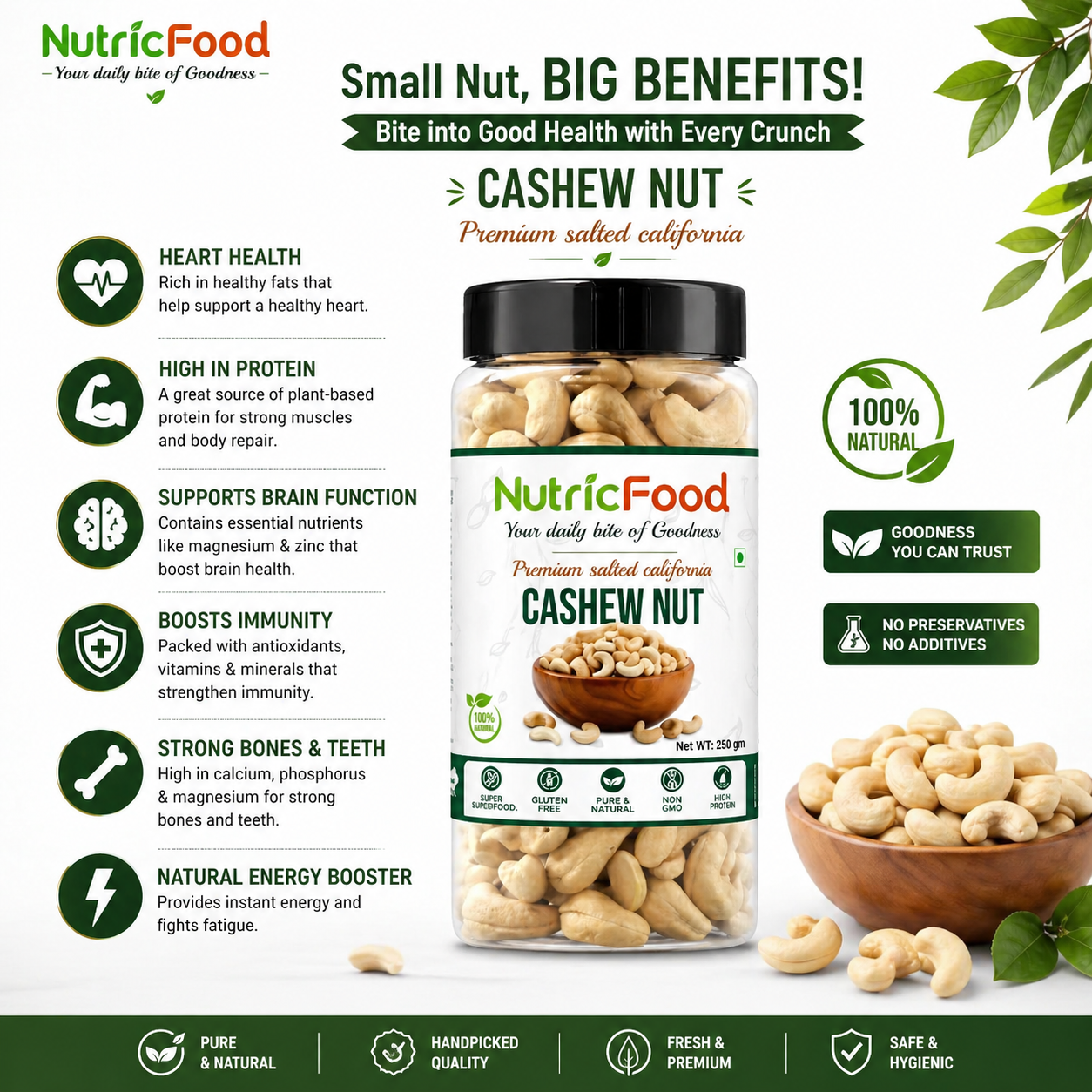 NutricFood | Premium Cashew Nuts 200g | 100% Natural Kaju | High Protein Healthy Snack | NutricFood