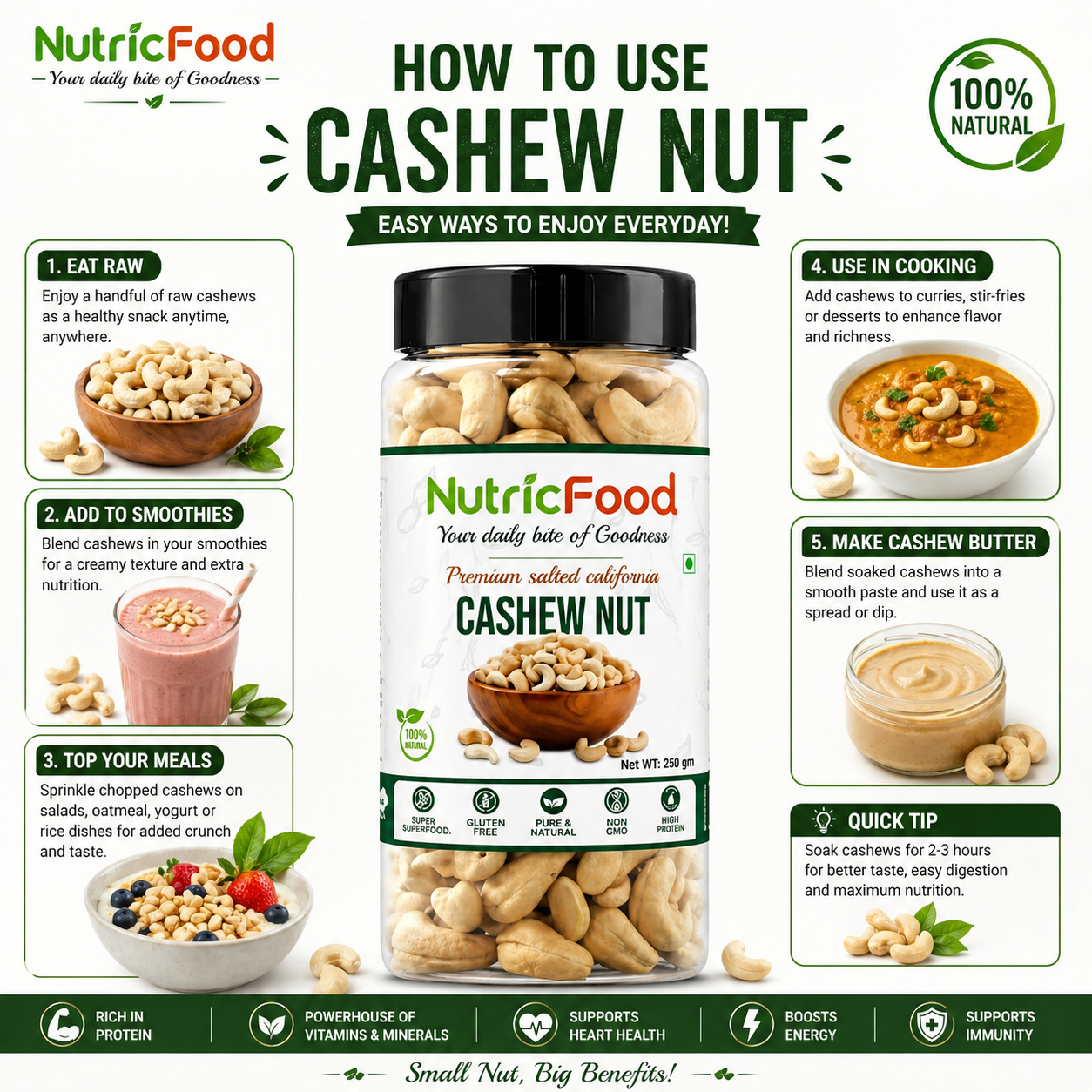 NutricFood | Premium Cashew Nuts 200g | 100% Natural Kaju | High Protein Healthy Snack | NutricFood