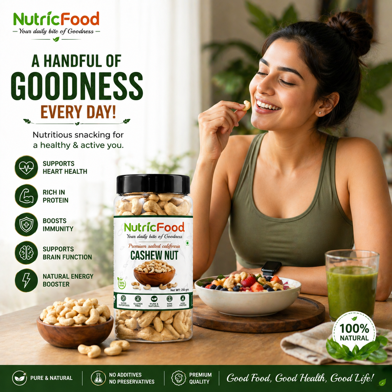 NutricFood | Premium Cashew Nuts 200g | 100% Natural Kaju | High Protein Healthy Snack | NutricFood
